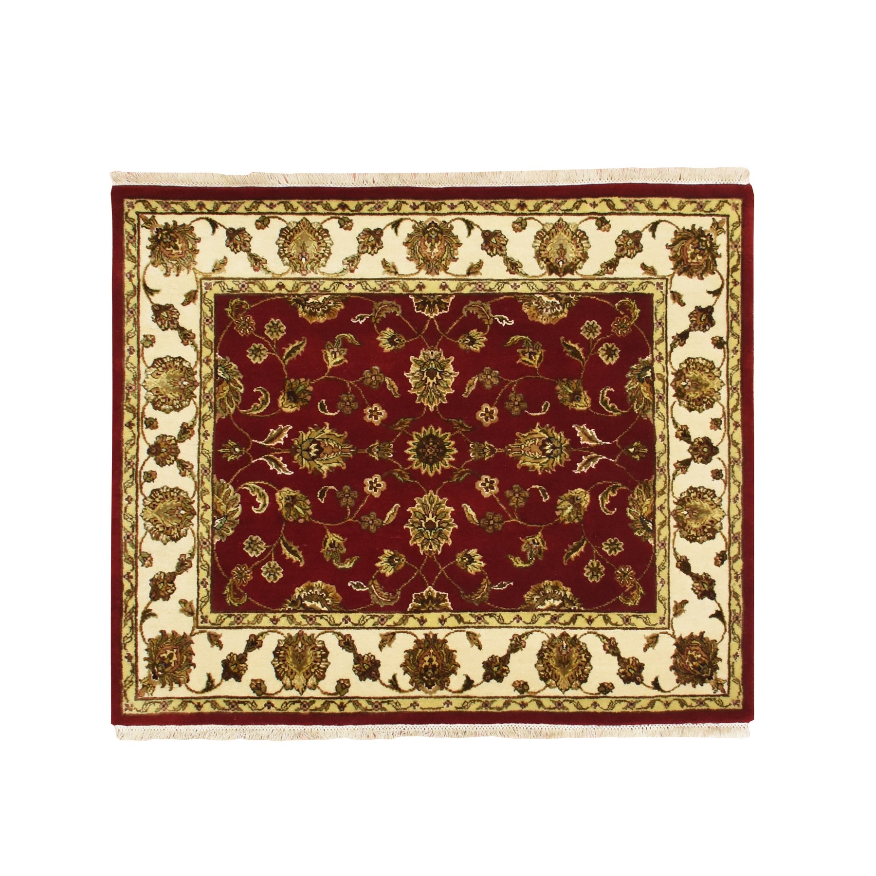 Carmine Red, Rajasthan with All Over Leaf Design, Hand Knotted, Wool and Silk, Soft Pile, Thick and Plush, Squarish, Oriental Rug